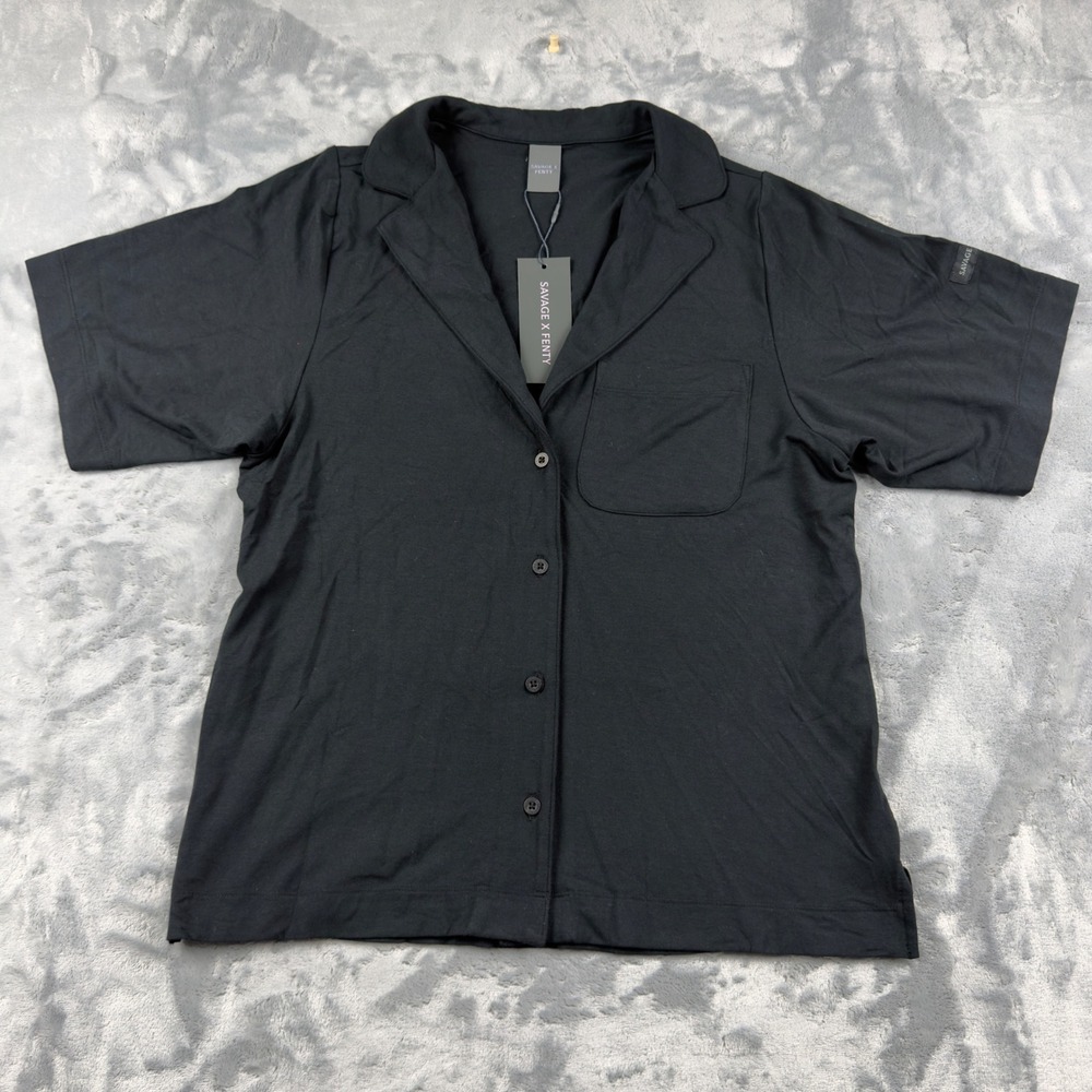 Savage X Fenty Black Short Sleeve Pajama Top Button Down Sleep Shirt Small NEW